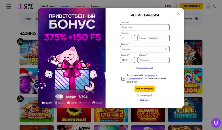 Казино Кэт - регистрация нового игрока